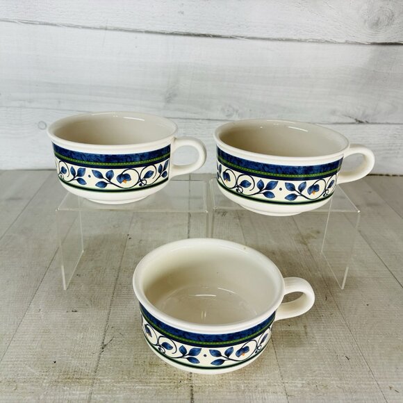 Pfaltzgraff ORLEANS #280 USA Blue Green Vines Yellow Stoneware Soup Mugs Set 3 - Picture 3 of 16
